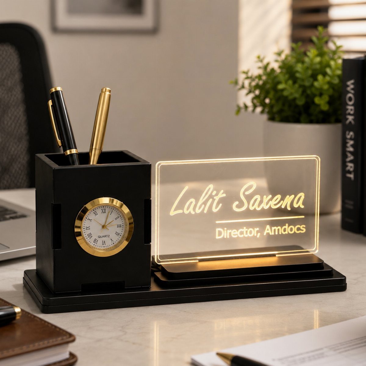 12 Gift Ideas for the Office Your Coworkers Will Use 11 Personalized desk organizer set with a glowing nameplate, clock, and gold pens.
