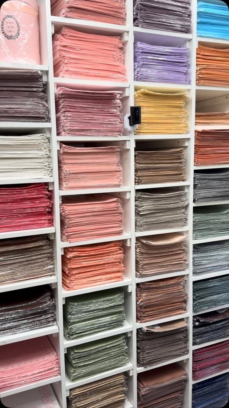 Colorful folded wrapping paper organized in white vertical shelving units.