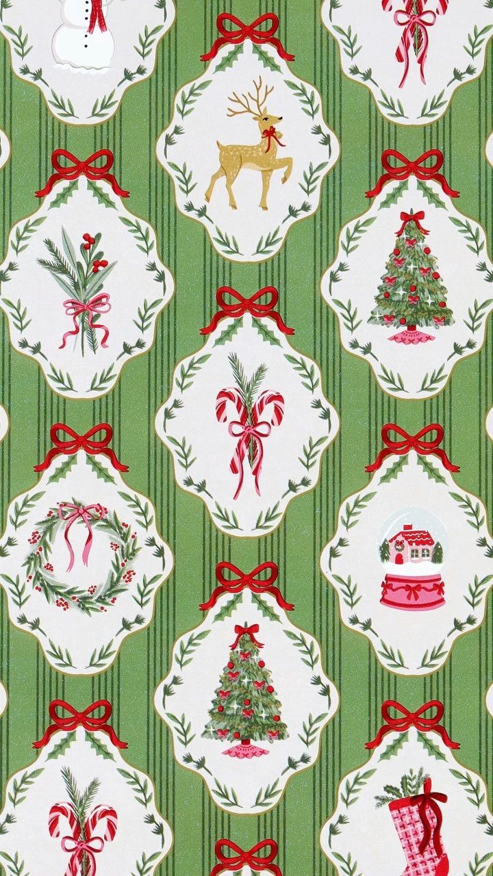 Green Christmas wrapping paper with white frames containing festive holiday illustrations and red bows.