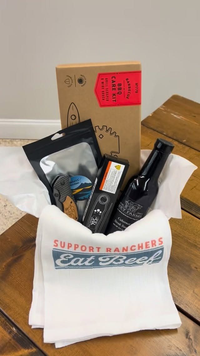 7 Gifts for Dad From Son That Feel Personal and Fun 2 BBQ gift basket with care kit, sauce, rubs, and Eat Beef towel.