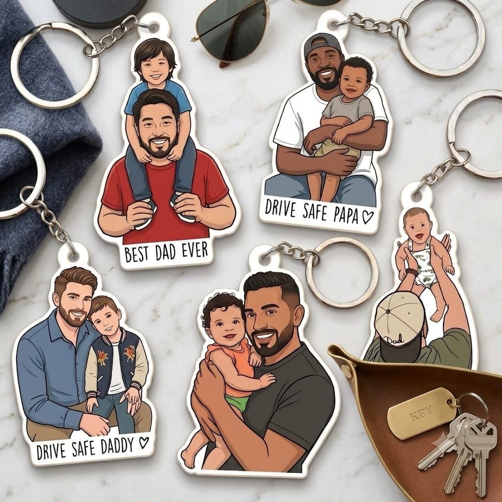 7 Gifts for Dad From Son That Feel Personal and Fun 1 Custom illustrated keychains of fathers and children on a white marble background.