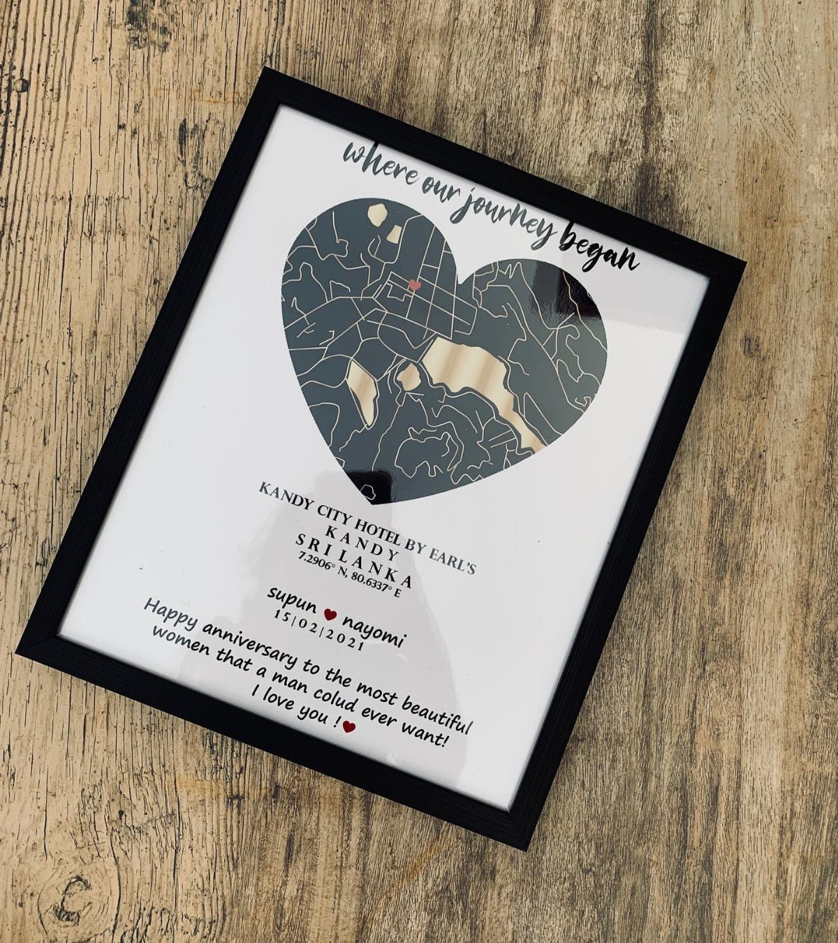 Framed heart-shaped custom map print of Kandy, Sri Lanka with anniversary message.