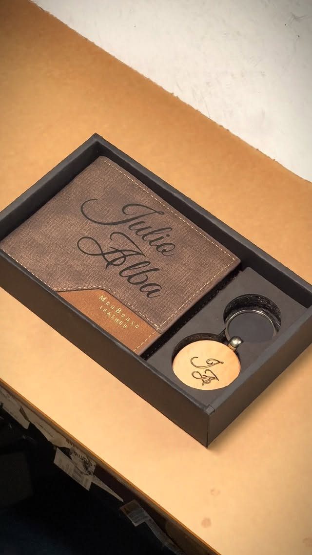 Brown leather passport cover and luggage tag personalized with names in a gift box.