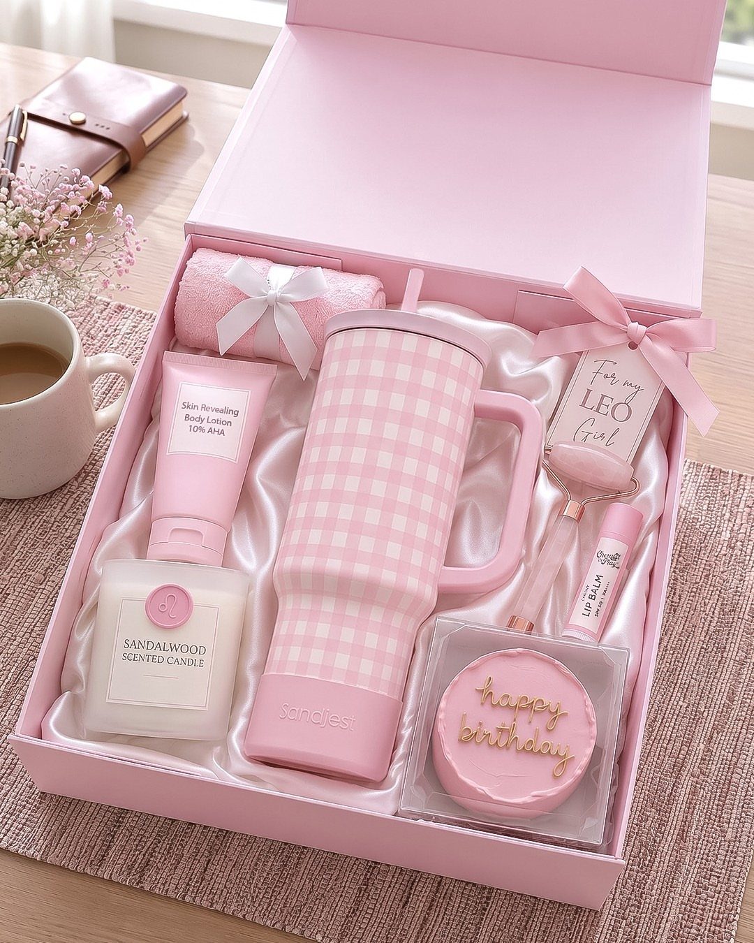 Pink gift box filled with a checkered tumbler, candle, lotion, and birthday cake.