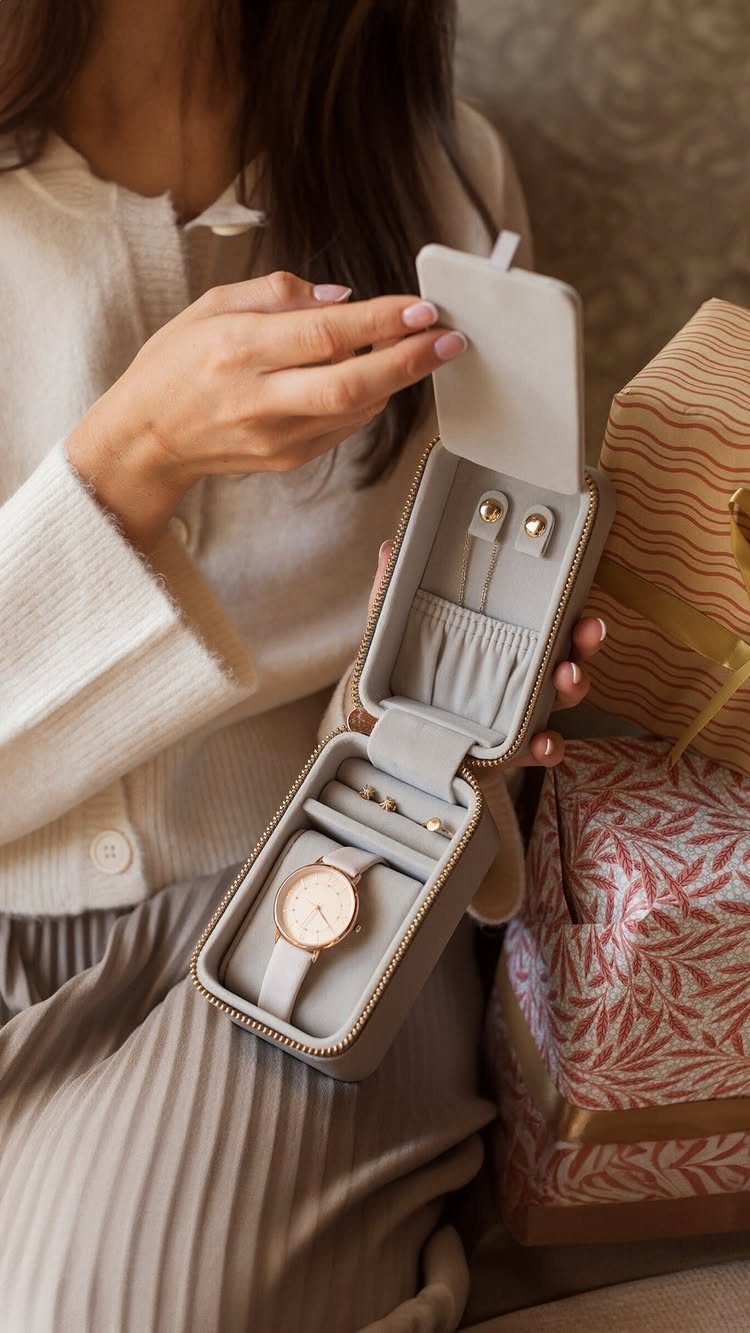 Small grey velvet travel jewelry box holding a watch, rings, and earrings.