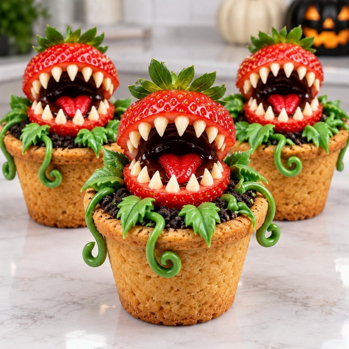 Monster cupcakes with strawberry mouths and white teeth on a marble surface