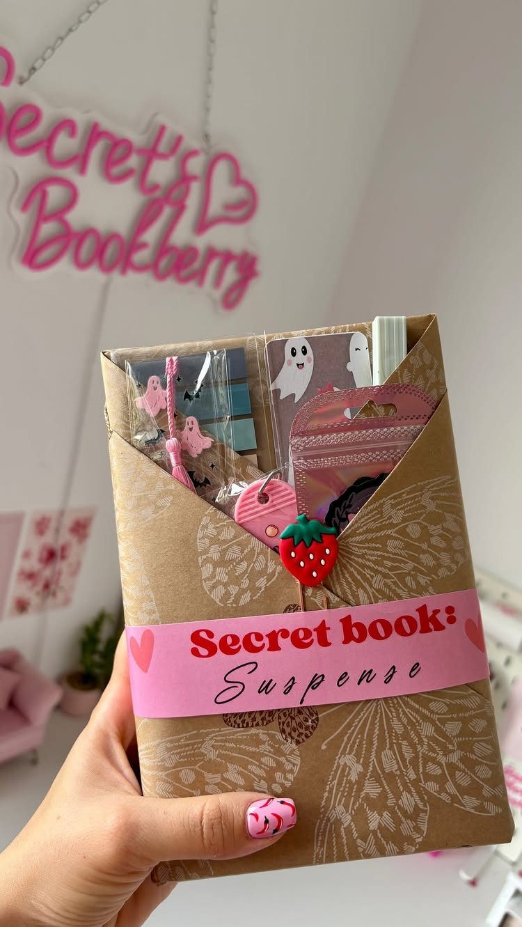 Brown paper book package with pink band and ghost stickers held by hand