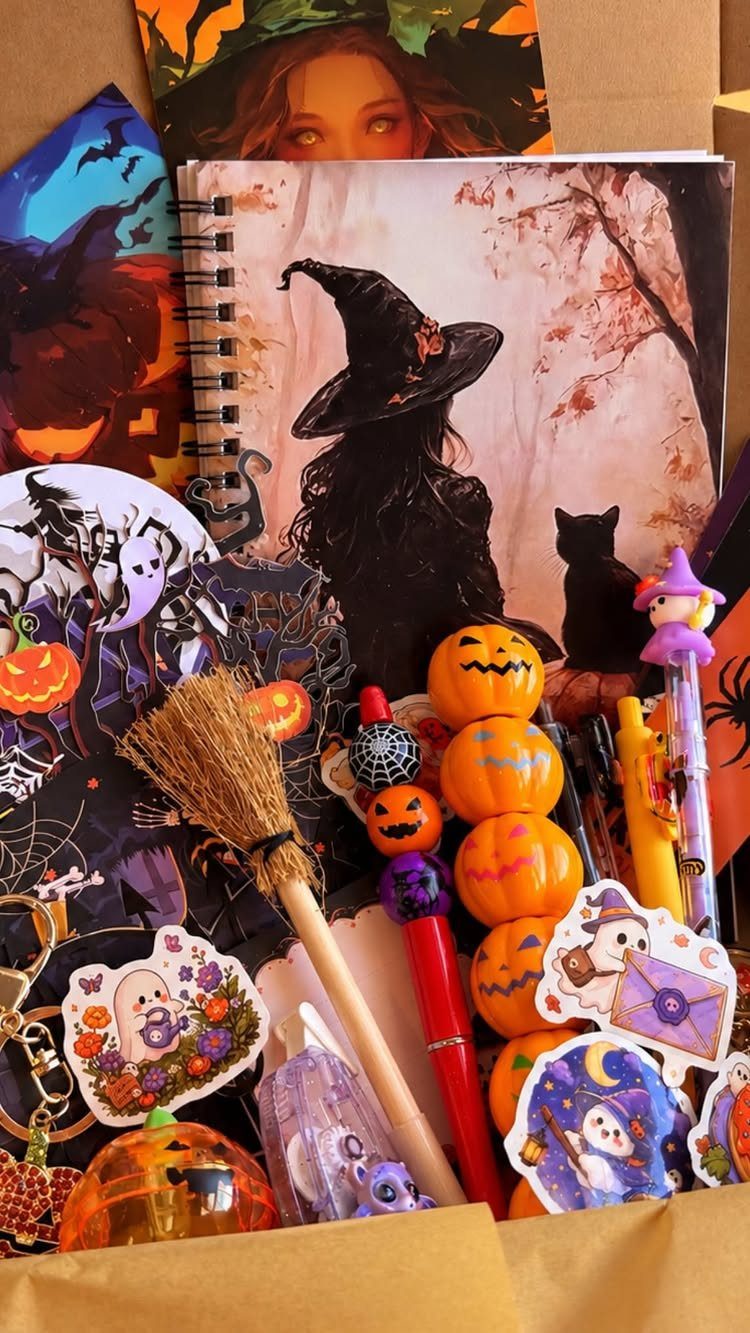 Halloween stationery set with a witch notebook, pumpkin pens, and spooky stickers.
