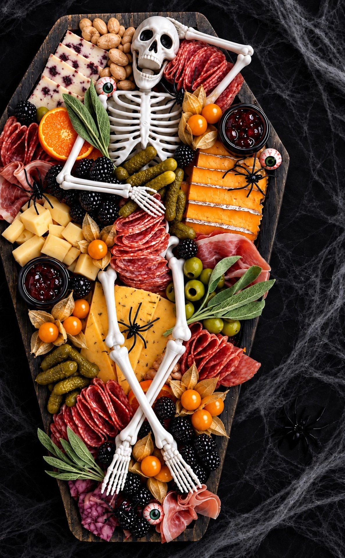 Halloween Food Gifts: 16 Sweet and Spooky Ideas 2 Coffin-shaped charcuterie board with meats, cheeses, and a skeleton on spider webs.