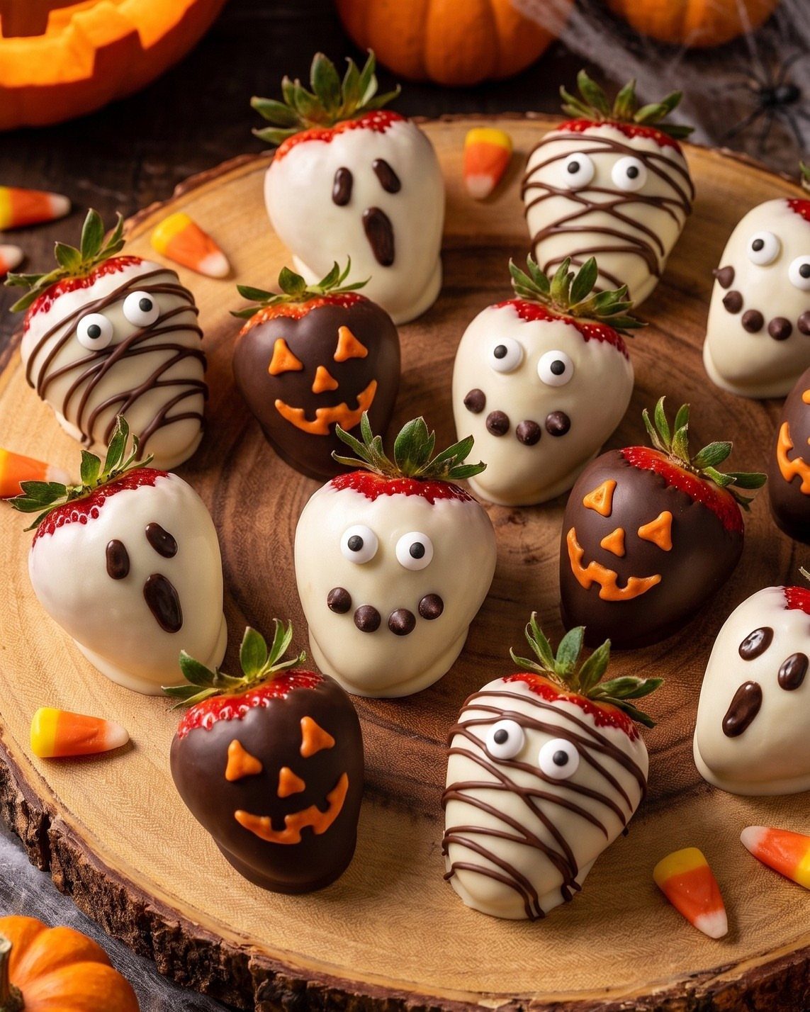 Halloween Food Gifts: 16 Sweet and Spooky Ideas 3 Chocolate-covered strawberries decorated as ghosts and pumpkins on a wooden platter with candy corn.