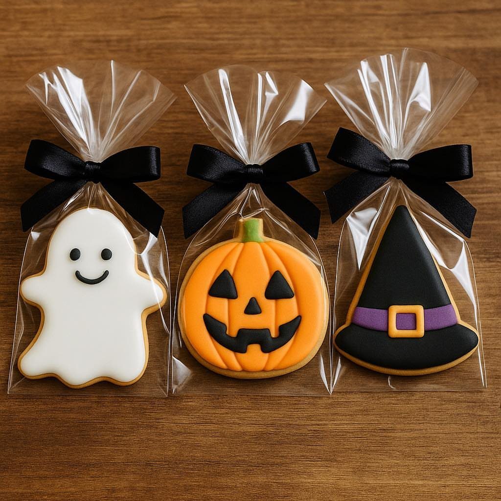 Halloween Food Gifts: 16 Sweet and Spooky Ideas 11 Three Halloween sugar cookies in clear gift bags tied with black ribbons.