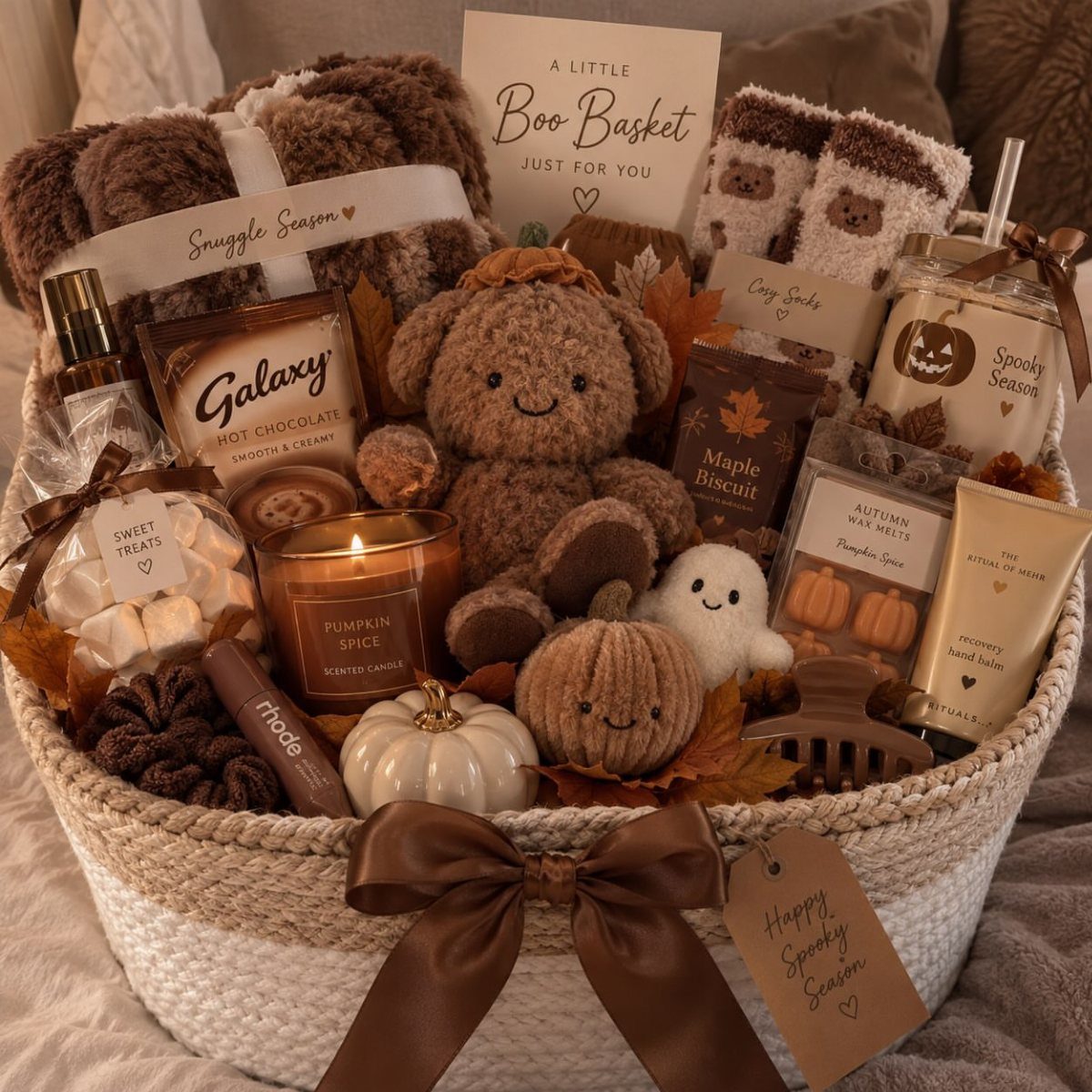 Autumn-themed Boo Basket with a teddy bear, pumpkin candle, and cozy treats.