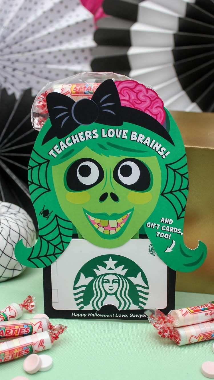 Halloween Teacher Gifts: 10 Ideas Teachers Will Like 2 Zombie girl card holder with a Starbucks gift card and Halloween candies.