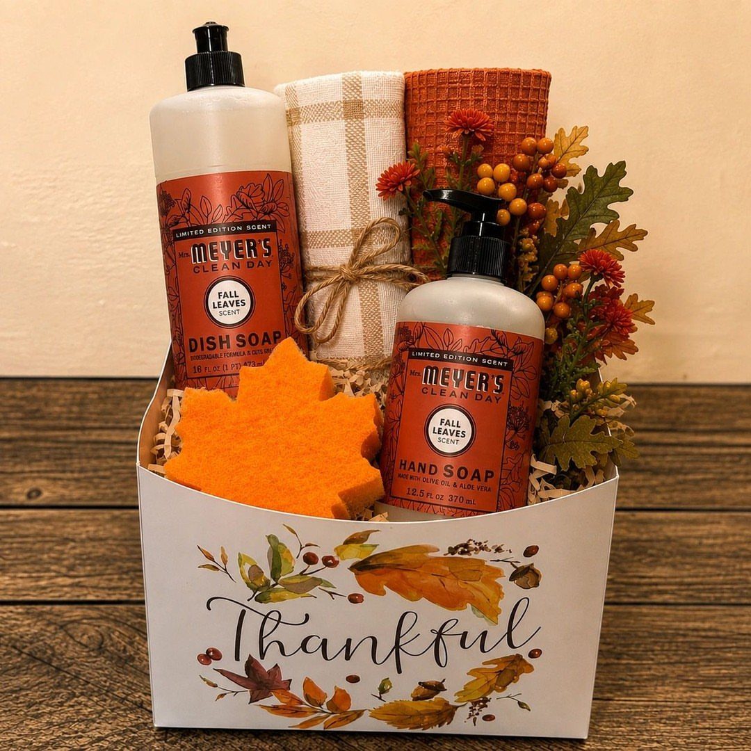 Autumn themed gift basket with hand soap, dish soap, and fall decorations.