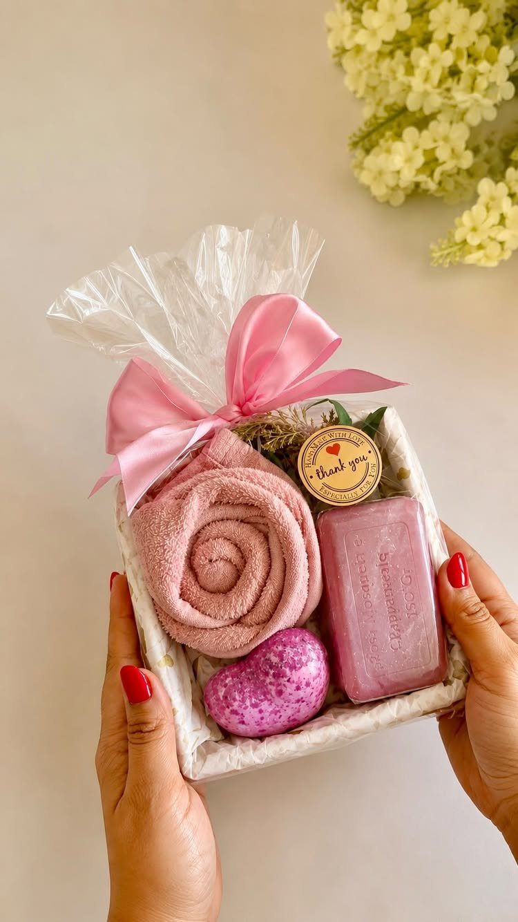 Pink soap gift basket with a rolled towel and heart-shaped soap held by hands.