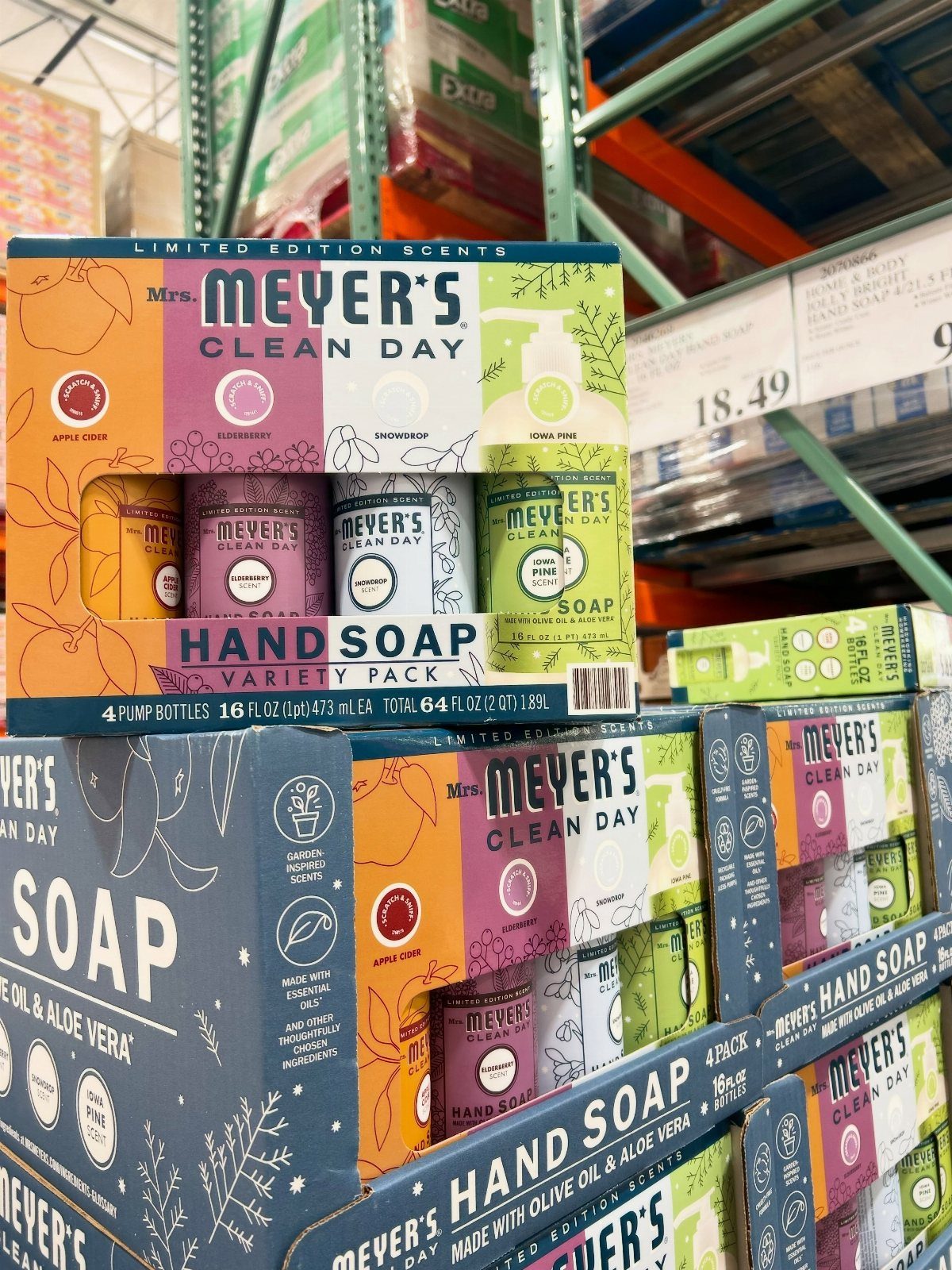 Mrs. Meyer's hand soap variety packs with seasonal scents on a store shelf