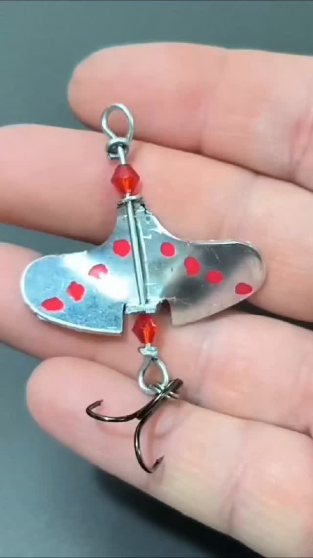 5 Homemade Christmas Gifts for Dad You Can Make 2 Handmade fishing lure made from a silver bottle cap with red dots and hooks.