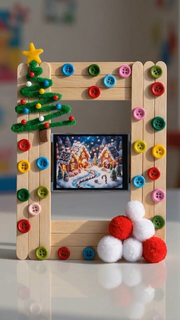 5 Homemade Christmas Gifts for Dad You Can Make 4 Handmade wooden craft stick frame decorated with buttons, pom-poms, and a tiny Christmas tree.