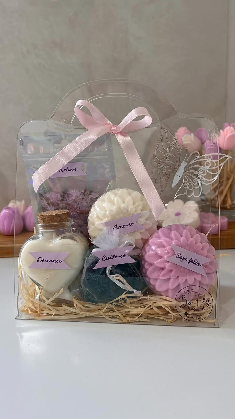 13 Homemade Gift Ideas for Coworkers They'll Use 3 Spa gift set with heart candle and bath bombs in a clear box.