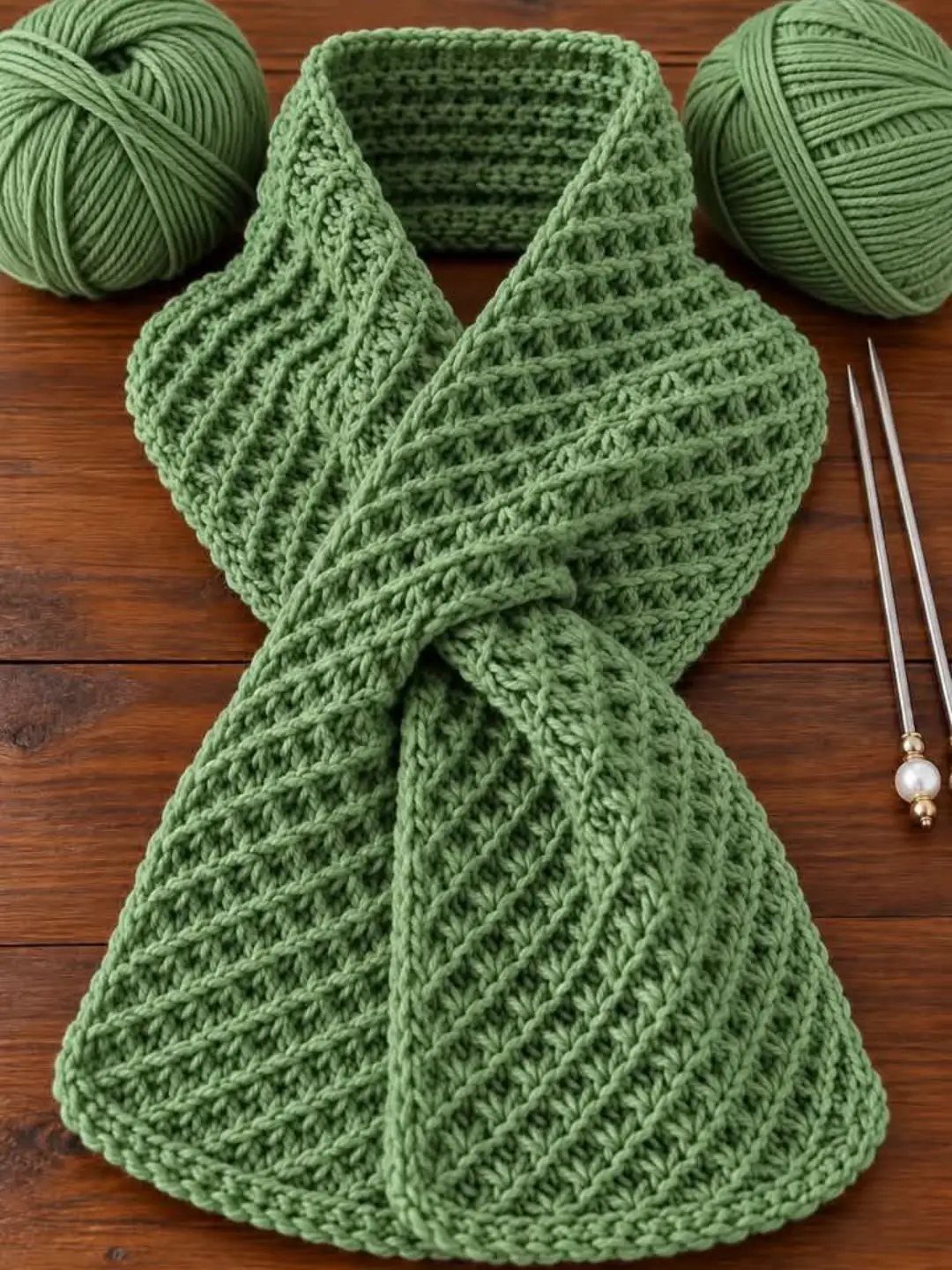 13 Homemade Gift Ideas for Coworkers They'll Use 7 Green knitted infinity scarf with yarn balls and crochet hooks on wooden background
