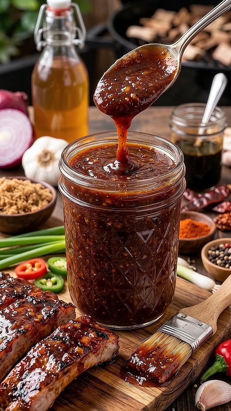 Barbecue sauce in a glass jar with grilled ribs and spices on wood.