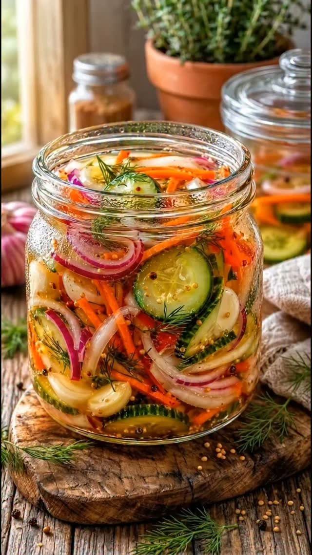 Pickled cucumbers, carrots, and red onions in a glass jar on wooden board.