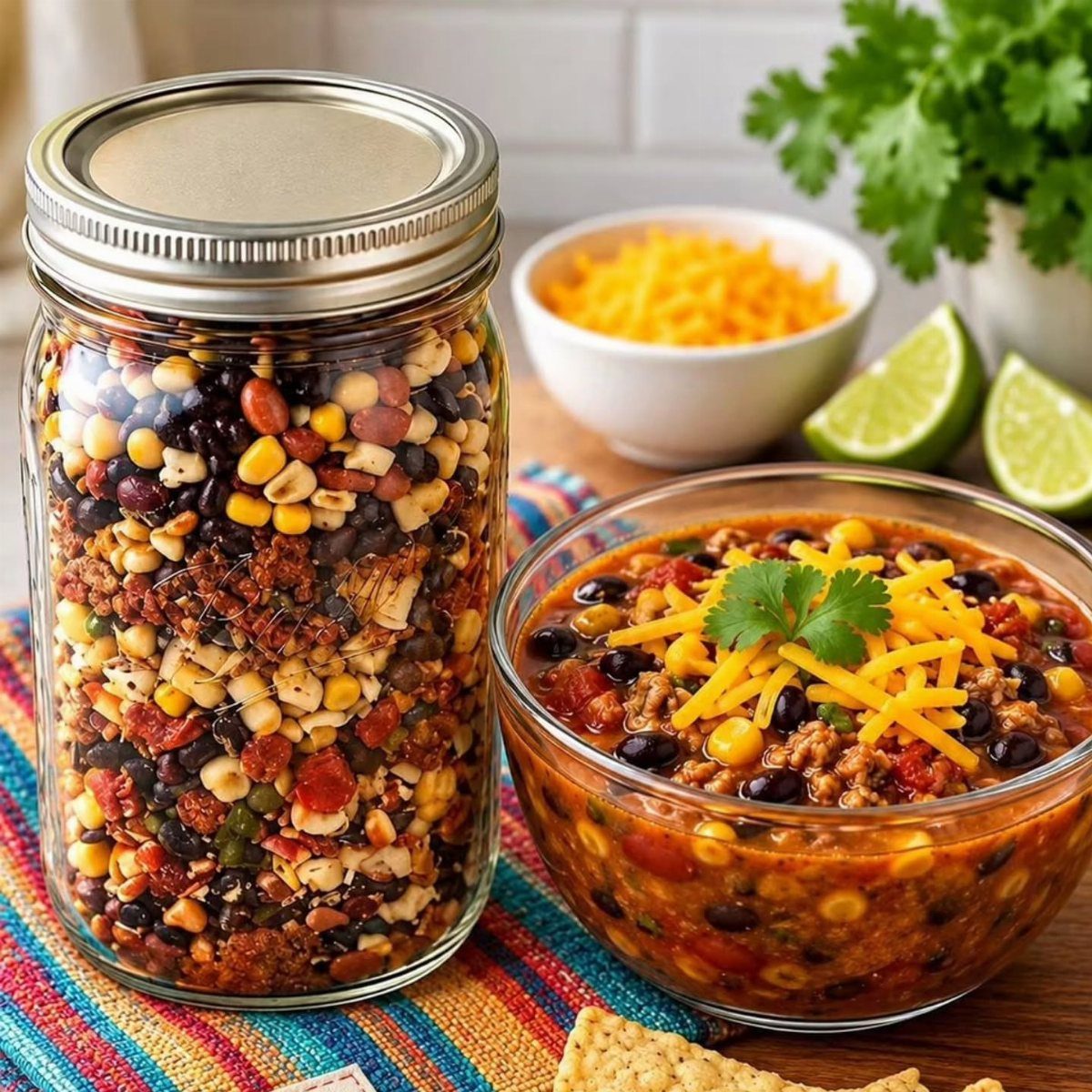 Layered dried soup mix in a mason jar next to a bowl of chili.