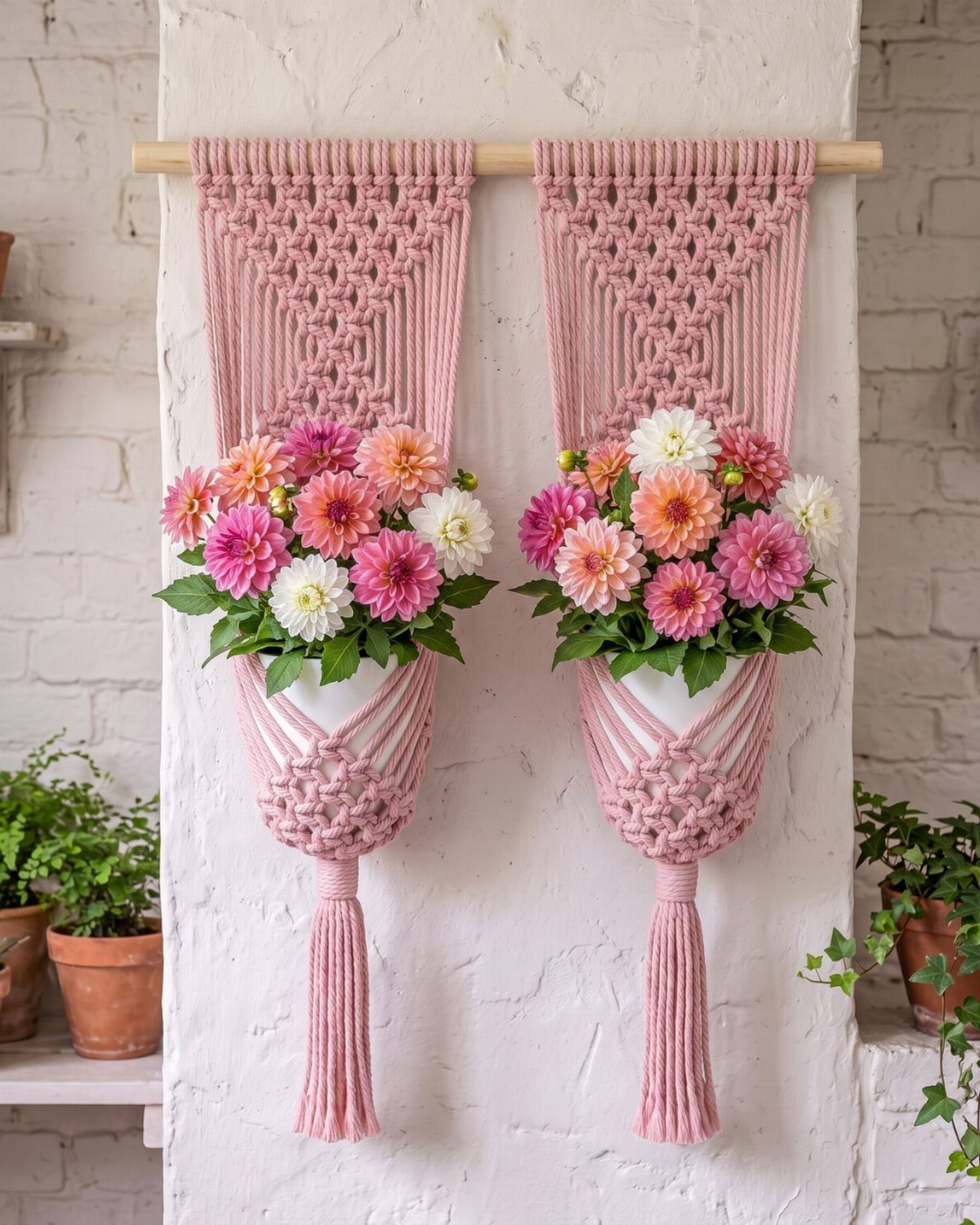 Two pink macramé plant hangers holding white pots with colorful dahlia flowers.