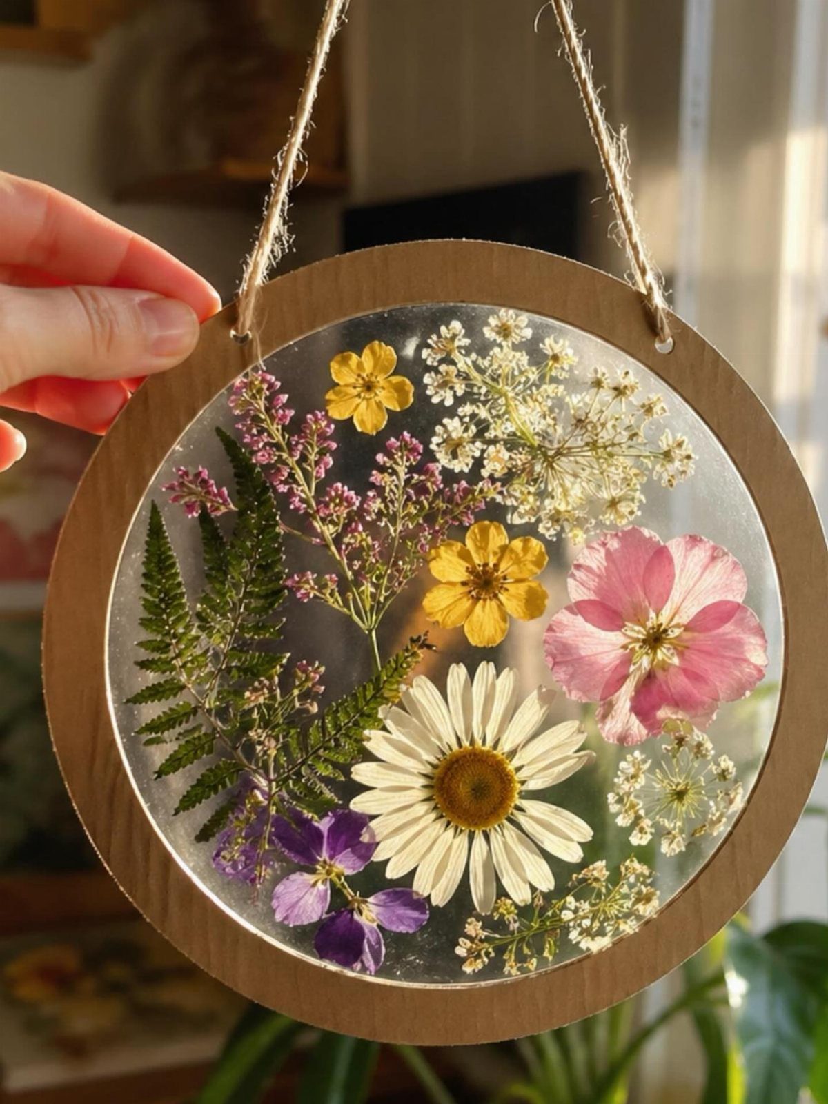 Circular resin suncatcher with pressed colorful flowers and ferns in a wooden frame.