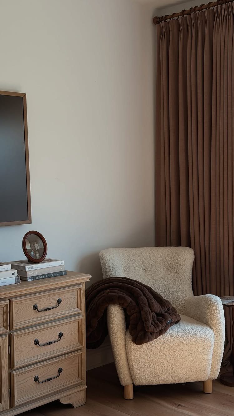 5 Housewarming Gift Ideas for Someone Who Has Everything 1 Cream bouclé armchair with a dark brown plush throw blanket draped over the arm.