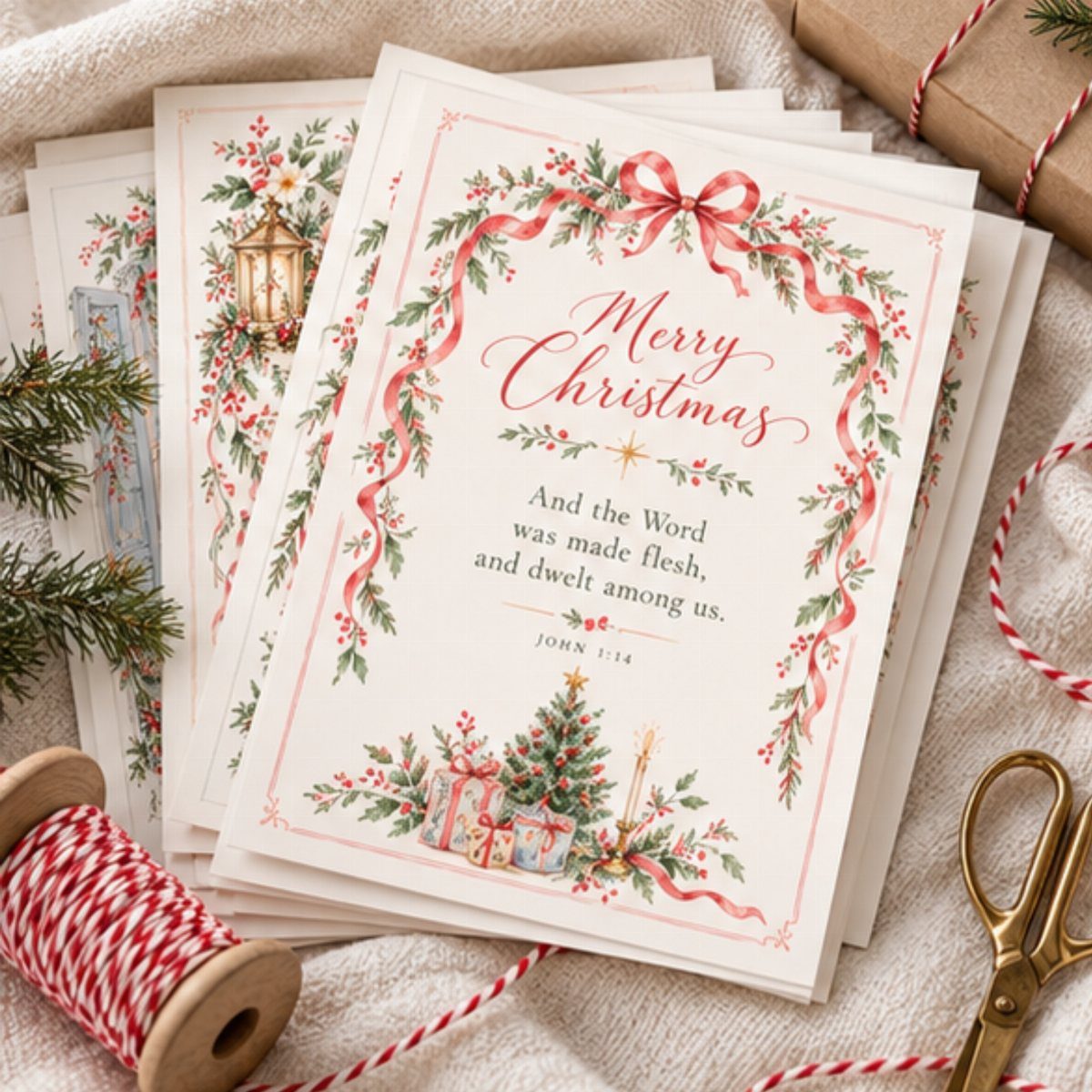 Christmas cards with Bible verses and floral borders next to twine and scissors.