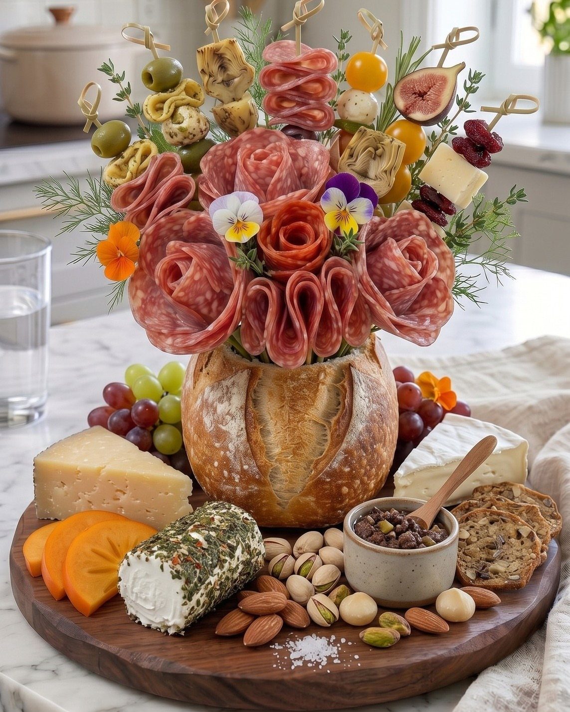 Charcuterie board with a bread bowl filled with salami roses and assorted appetizers.