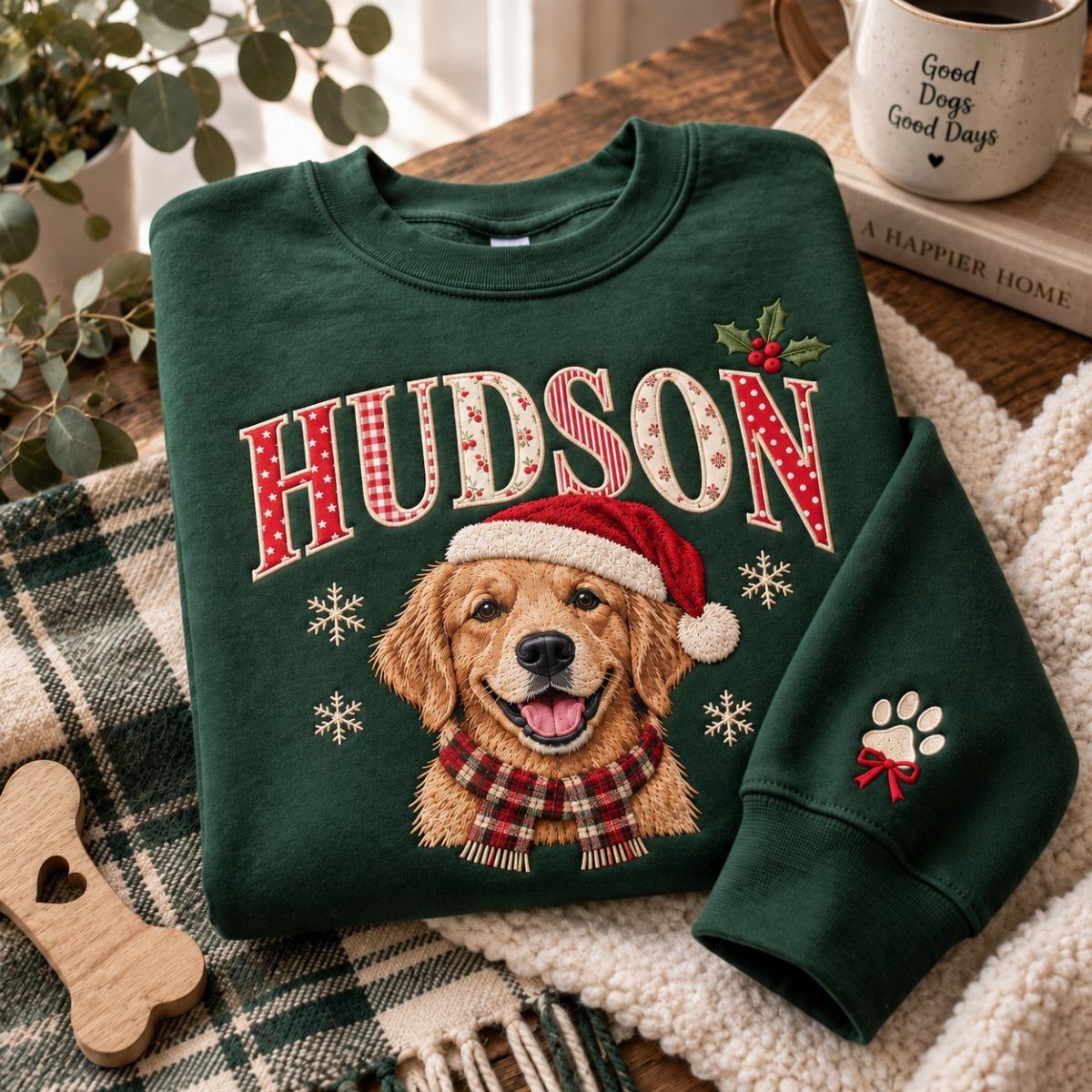 6 Meaningful Christmas Gifts for People You Love 3 Green sweatshirt with a Golden Retriever wearing a Santa hat and the name Hudson.
