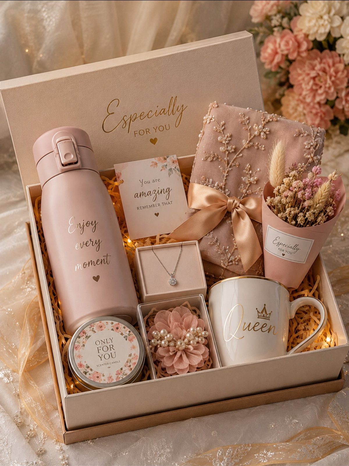 11 Mother in Law Birthday Gift Ideas She Will Actually Use 5 Pink gift box containing a Queen mug, water bottle, jewelry, and dried flowers.