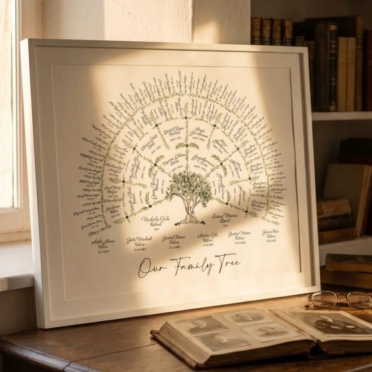 11 Mother in Law Birthday Gift Ideas She Will Actually Use 1 Family tree art with names on branches in a white frame on a table