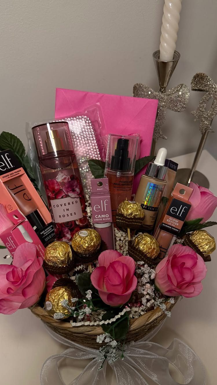 11 Mother in Law Birthday Gift Ideas She Will Actually Use 10 Gift basket with pink roses, chocolates, perfume, and makeup for a birthday present.