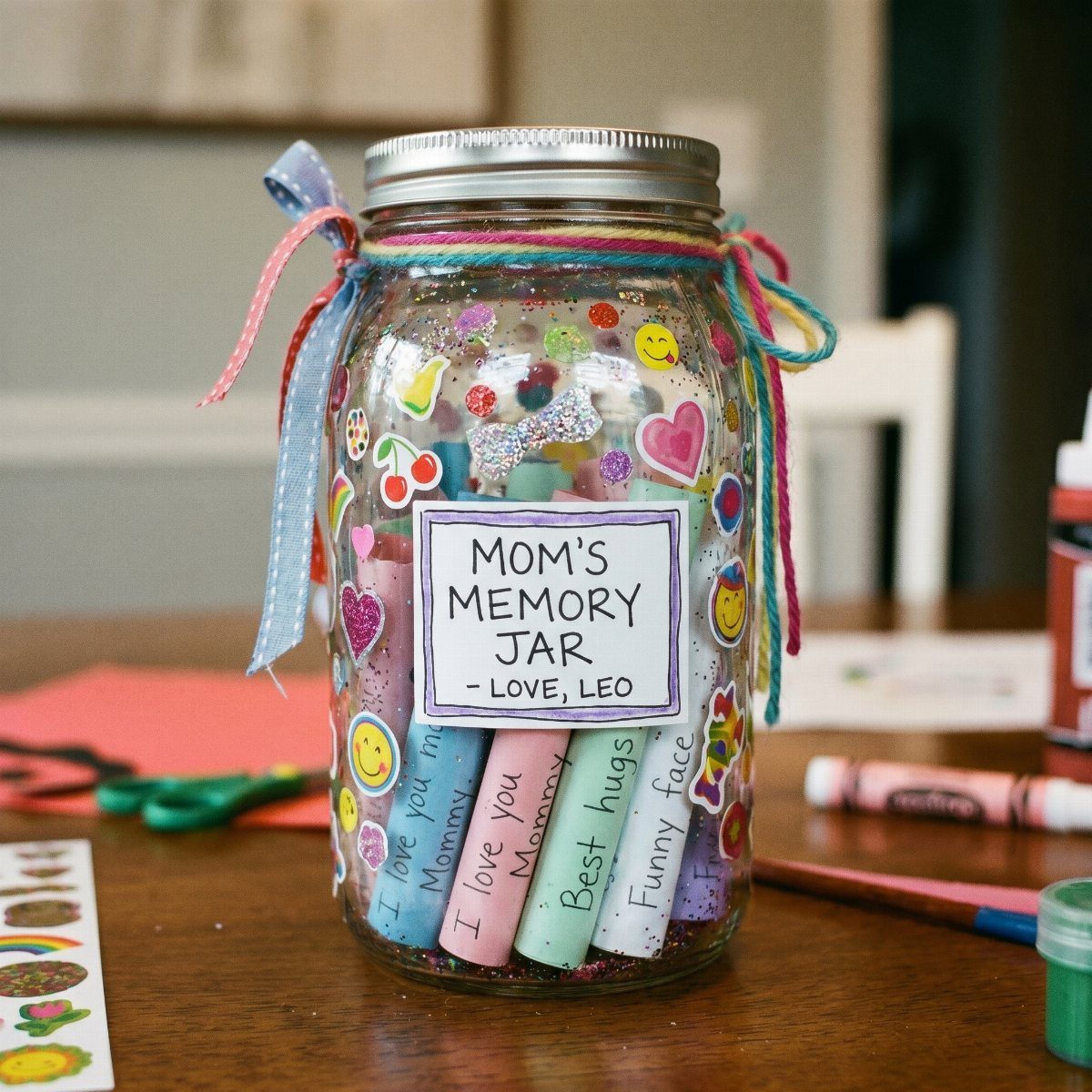 18 Mothers Day Gifts to Make: Easy Handmade Ideas for Mom 5 Mason jar filled with colorful memory notes, decorated with stickers and ribbons.