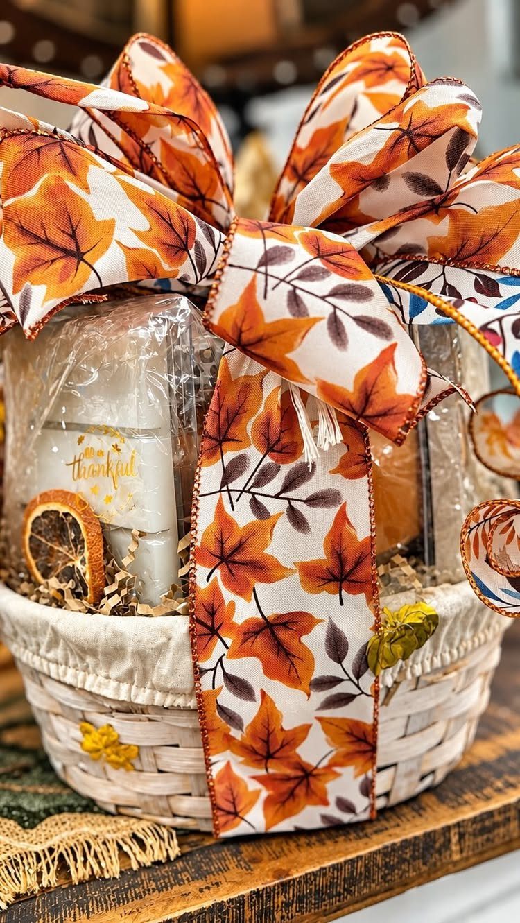 White woven gift basket with autumn leaf ribbon and orange themed treats