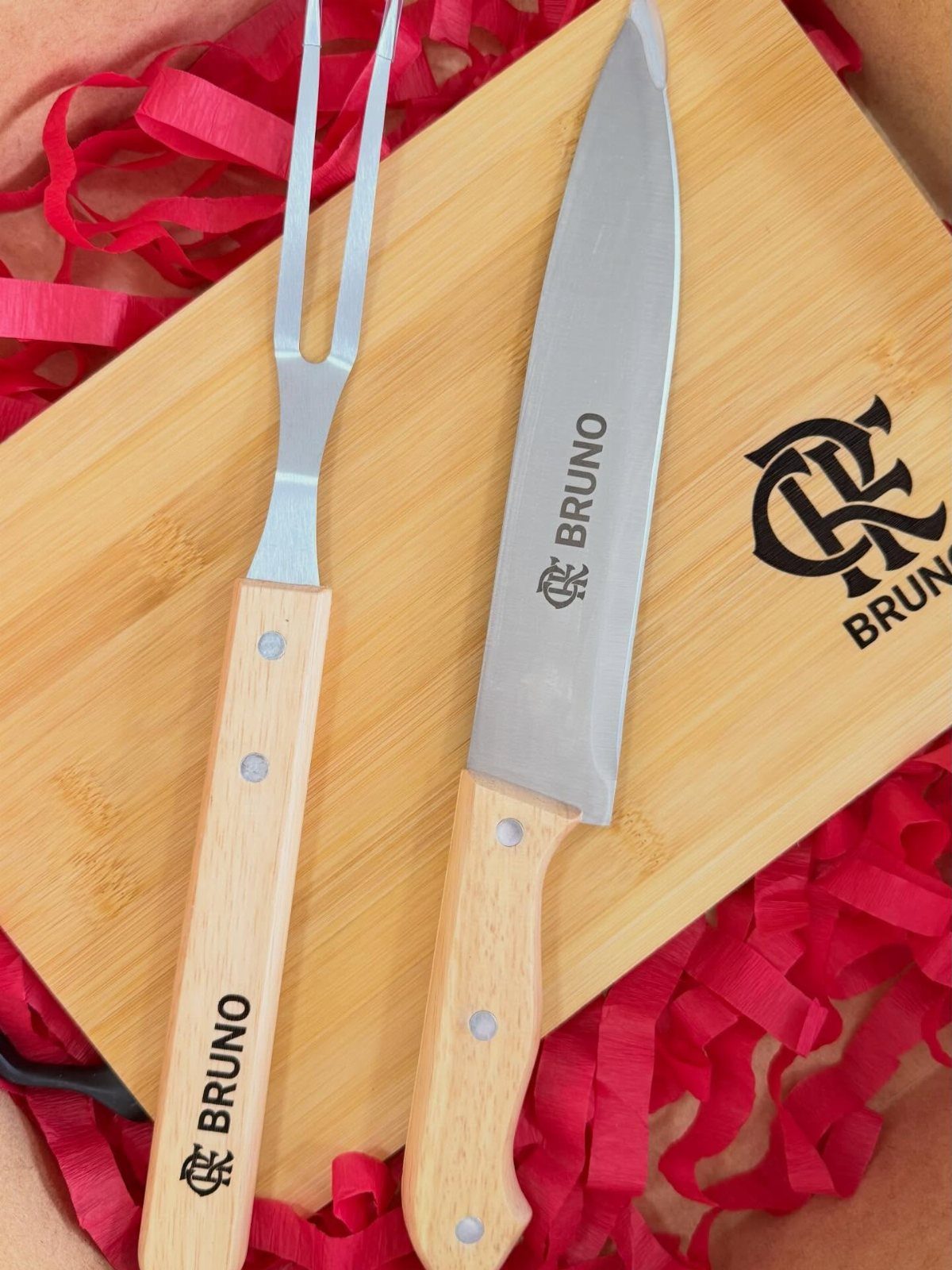 Engraved wooden cutting board and knife set personalized with the name Bruno