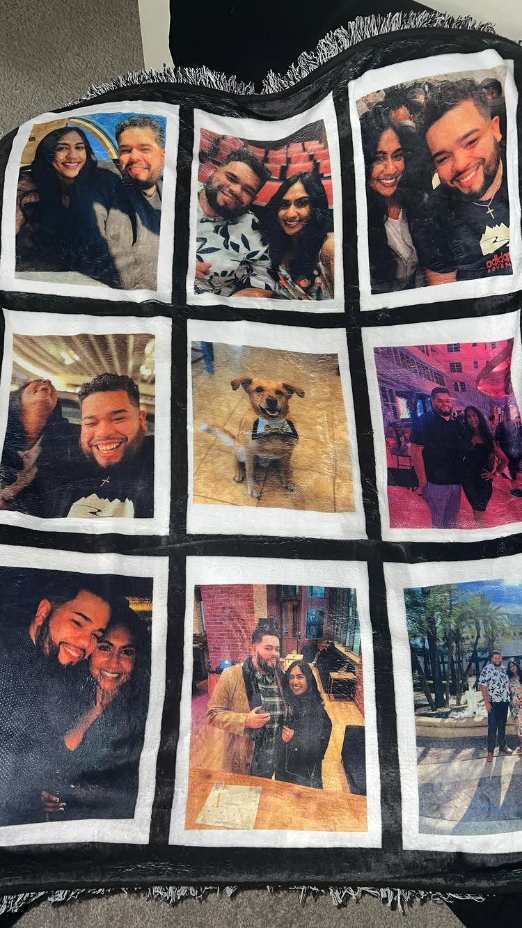 17 Personalized Gifts for Friends: Ideas for Every Budget 14 Custom photo blanket featuring a grid of personal memories of a couple and dog