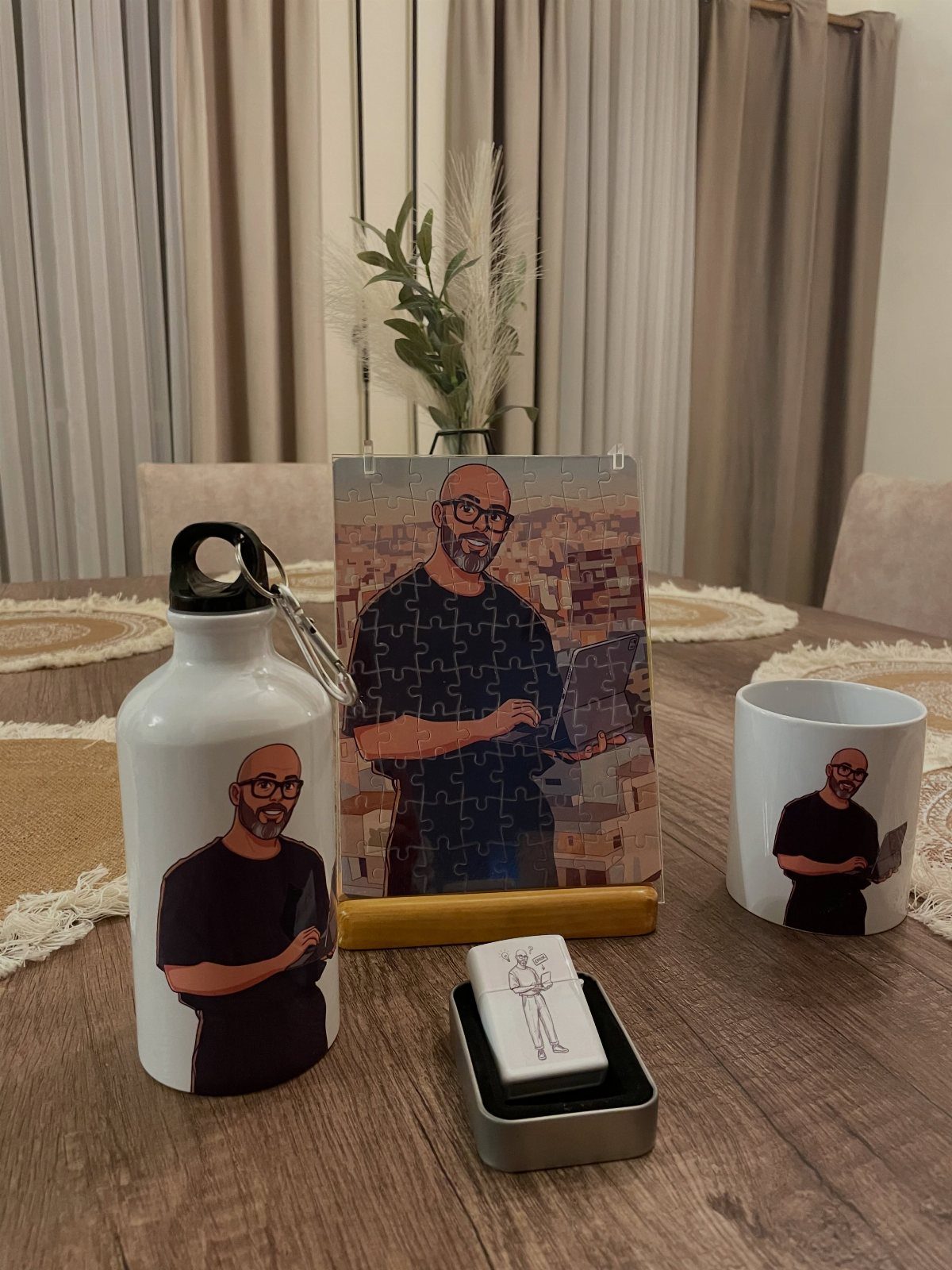 17 Personalized Gifts for Friends: Ideas for Every Budget 3 Personalized jigsaw puzzle, mug, and water bottle featuring a man's portrait on a table