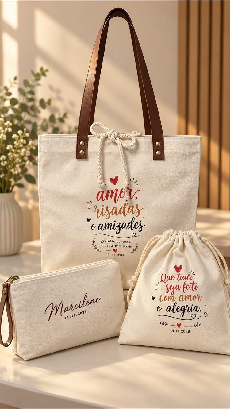 17 Personalized Gifts for Friends: Ideas for Every Budget 8 Canvas tote bag and matching pouches with personalized red and black cursive text.