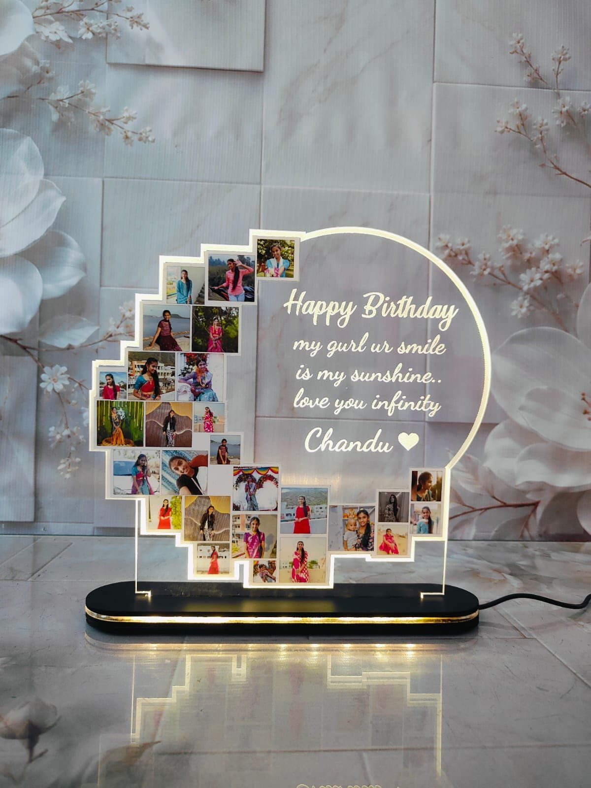 17 Personalized Gifts for Friends: Ideas for Every Budget 13 Personalized acrylic birthday lamp with photo collage and heartfelt message on a base