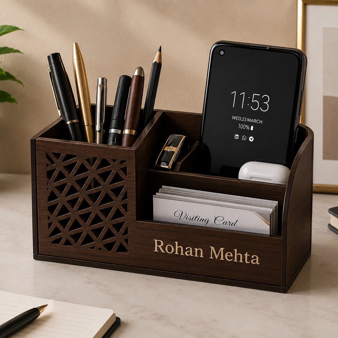 17 Personalized Gifts for Friends: Ideas for Every Budget 12 Wooden desk organizer with gold engraved name Rohan Mehta and office supplies