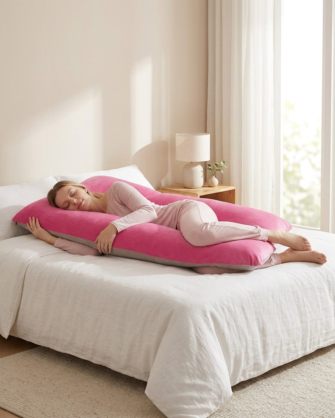 24 Pink Christmas Gift Ideas from Cozy to Glam 7 Woman sleeping on a white bed hugging a large pink U-shaped body pillow