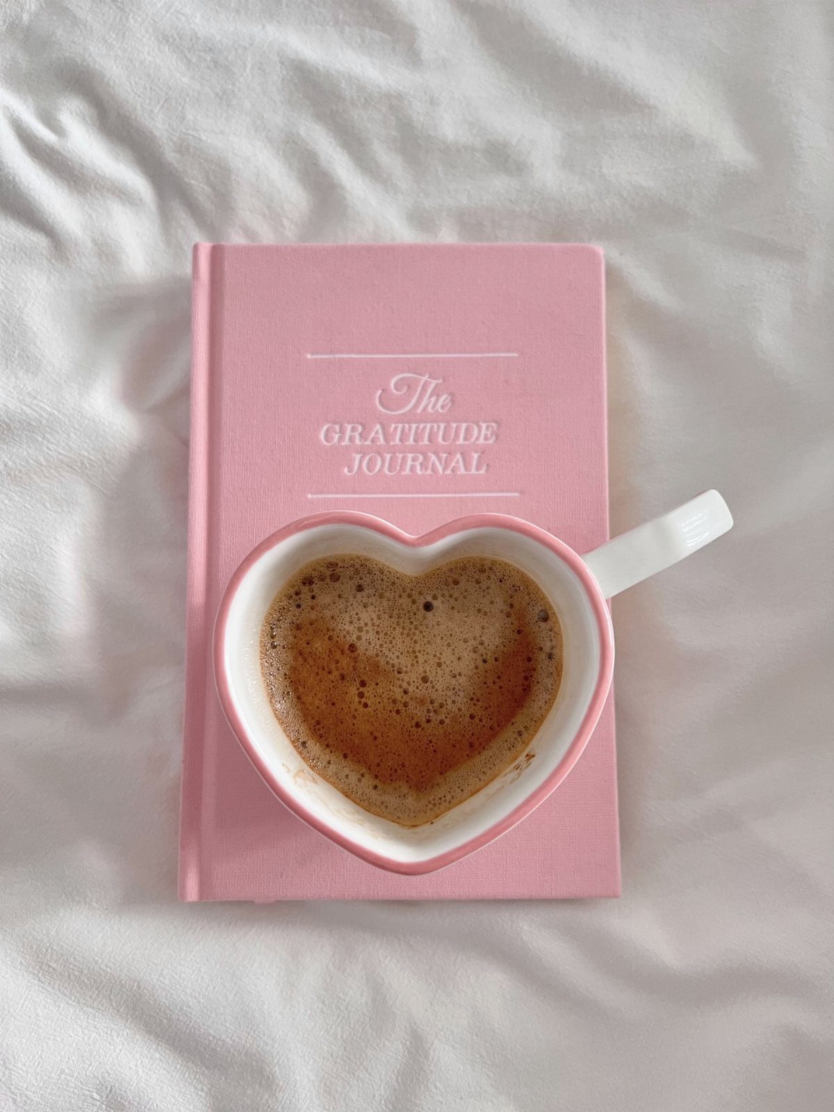 24 Pink Christmas Gift Ideas from Cozy to Glam 15 Pink gratitude journal with a heart-shaped mug of coffee on white fabric.