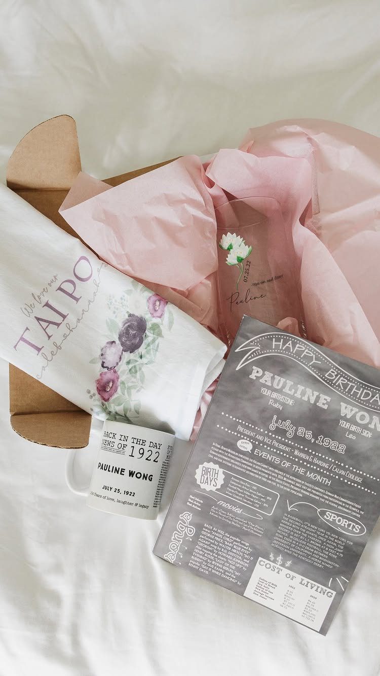 8 Senior Citizen Gift Basket Ideas for Grandparents 6 Gift set with personalized birthday newspaper, floral towel, and mug in a box.