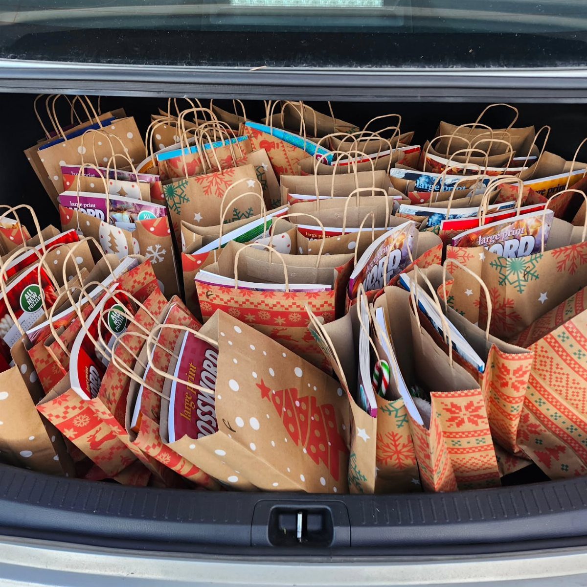 8 Senior Citizen Gift Basket Ideas for Grandparents 4 Brown and red gift bags filled with puzzle books in a car trunk.