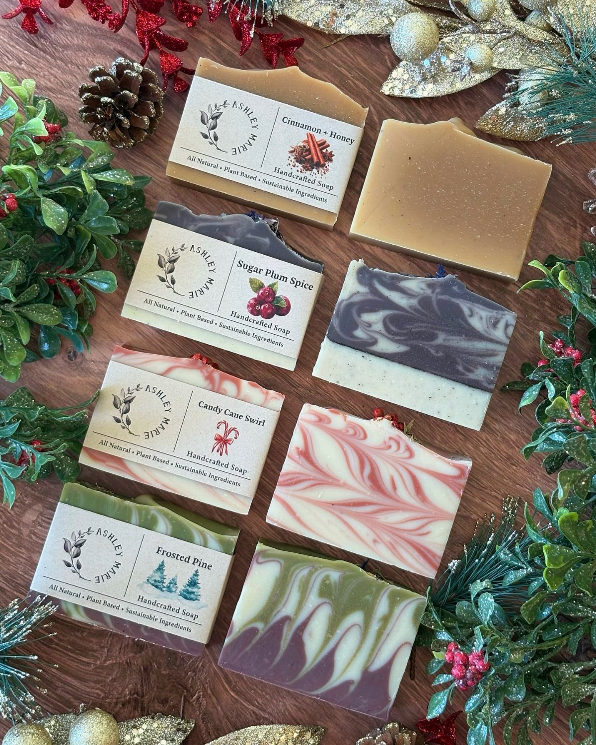 Handcrafted soap bars in various colors and patterns on a festive wooden background.