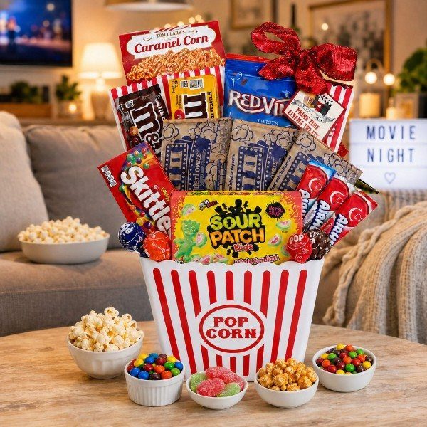12 Silent Auction Gift Basket Ideas for Any Fundraiser 3 Popcorn bucket filled with movie theater candies and snacks on a wooden table.